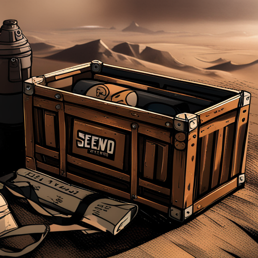 A dusty crate with a worn Senzo Technologies logo on the side. Inside, advanced tech gear, credits, water, and rations. Roger Wilco looks pleased.
