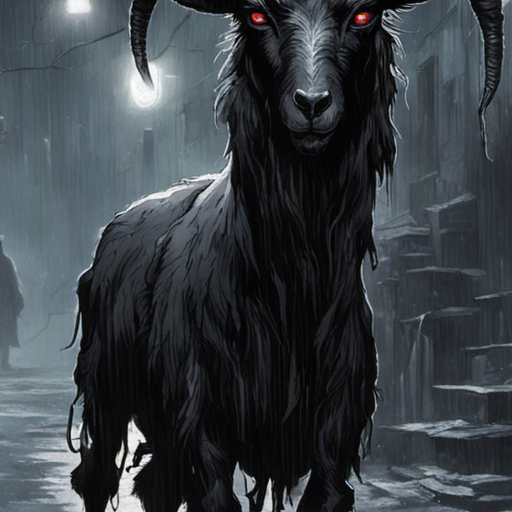 Thraeryn stands in a wet, grimey alley, illuminated by a flickering lightbulb. A black goat with curved horns looks up at him, its black fur glistening in the rain. Its eyes glint with a strange intensity as it bleats loudly, speaking of dark magic and the occult. The word "Hell" is spraypainted on the wall behind them.