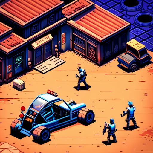 In the photo, a group of cyberpunks with neon hair and weapons stand menacingly in the dimly-lit street. One of them challenges the players to a street fight. Zeb is seen admiring their new sleek, black dune buggy with knobby tires and a sturdy roll cage. They eagerly approach a mechanic to inspect it. Nearby, a classic rotary dial payphone in a phone booth with a folding glass door and a falafel cart run by a mustached man are visible. Kc, a man with black hair and a red t-shirt, is also present.