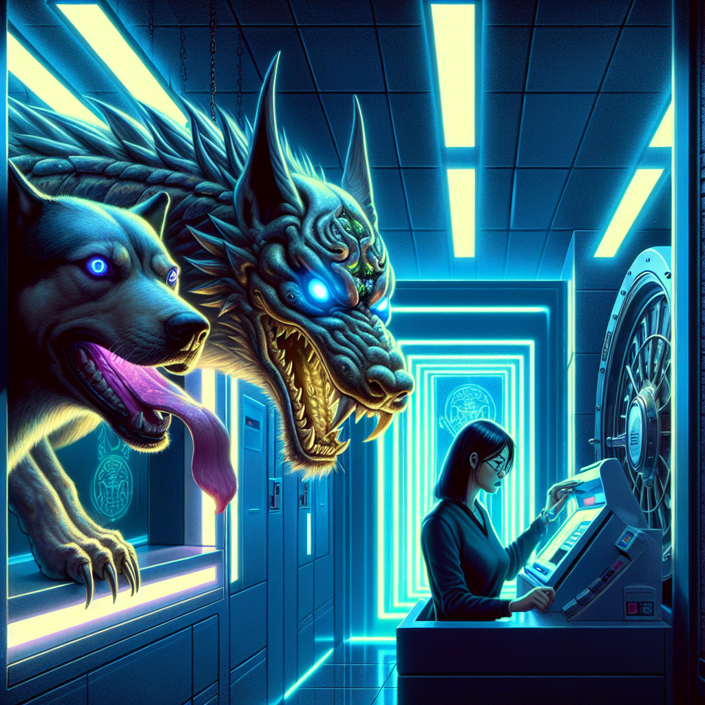 1. Three-headed dog snarls menacingly, dragon poised beside, under harsh fluorescent lights of Databank, teller eyes wide in bulletproof booth, vault looms in background.