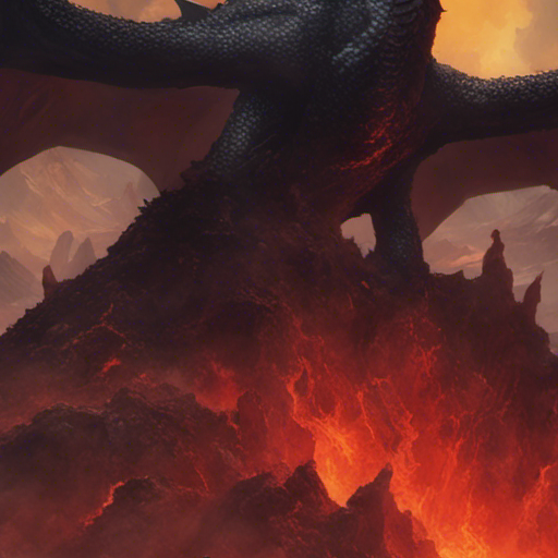 A large black dragon with folded wings sits atop a pile of titanium databricks in the bottom of a volcanic crater. Its golden eye glows as it watches Thraeryn, an incredibly red man. The dragon's expression turns serious as it warns Thraeryn of the dangers in the land. A wisp of smoke curls from its nostril.