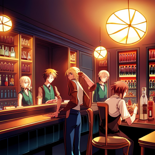 Basic Elf gazes at the busy bar, with its long counter and mirrored back wall. The bartender mixes drinks as patrons sit at small tables and stools. Glass shelves display various liquors. Rolf, a rotund man wearing a mesh shirt and leather pants, stands nearby.

