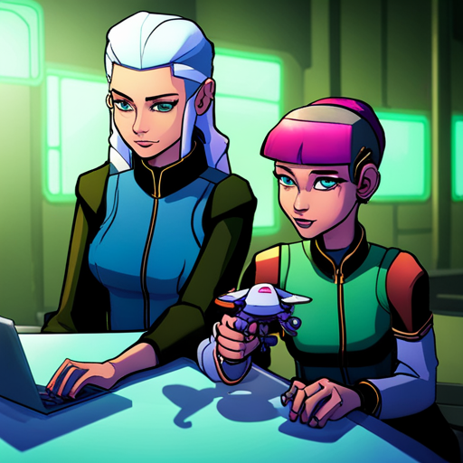 Thraeryn studies Starla and her drone as they exchange magical knowledge on The Bridge. The quadcopter drone hovers above with its grappling hook at the ready. Starla, a cyberpunk woman with purple hair, wears a neon-trimmed neoprene jacket and sells wetware from her custom bike.
