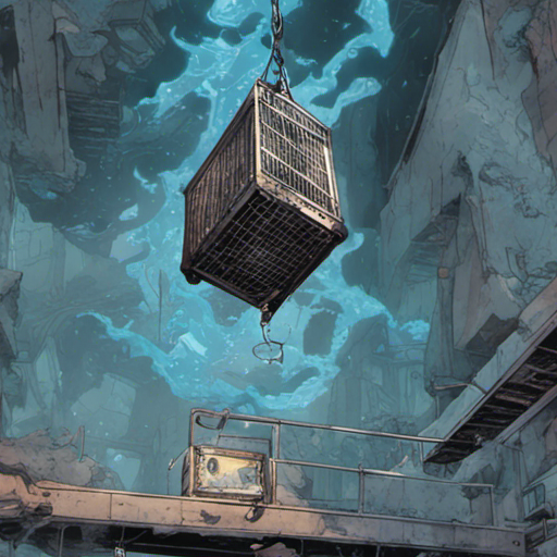 A photo of Cage's pack floating in mid-air, its contents suspended above it. The pack reveals a rusty dagger, a faded map, a vial of blue liquid, and a rolled-up poster of an old rock band. The scene takes place in the eastern stretch of sewers under the city, with a hole in the ceiling leading to a deeper tunnel. The time of day is unclear, but there is a loud rumbling noise coming from above. The weather is damp and the water splashes as Cage's tall boots move through it.