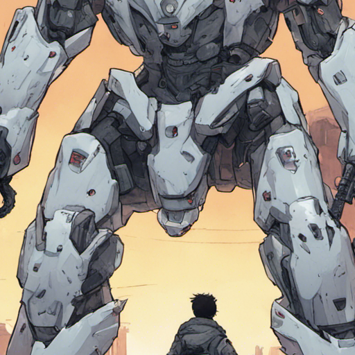 A kaiju, with wide eyes and a mix of surprise and hope, looks towards a towering, shining white mecha battle suit. The suit holds a battle rifle in one hand and an energy sword in the other. The kaiju's gaze is filled with determination and a newfound glimmer of hope.