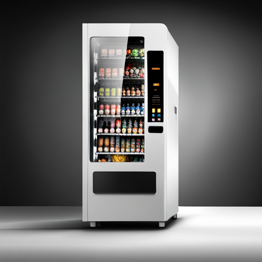 The vending machine displays various items behind glass with a digital touch screen interface. A small drawer at the bottom dispenses items. 
