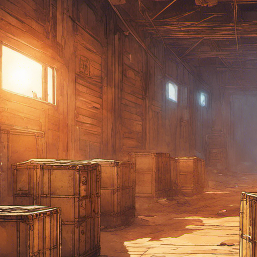 Thraeryn's eyes are drawn to a small metal grate hidden behind crates. It's a glimpse into the unknown, a secret passage leading underground. The sun casts a warm glow on the outpost, illuminating the worn shipping containers and the dusty desert wasteland beyond.