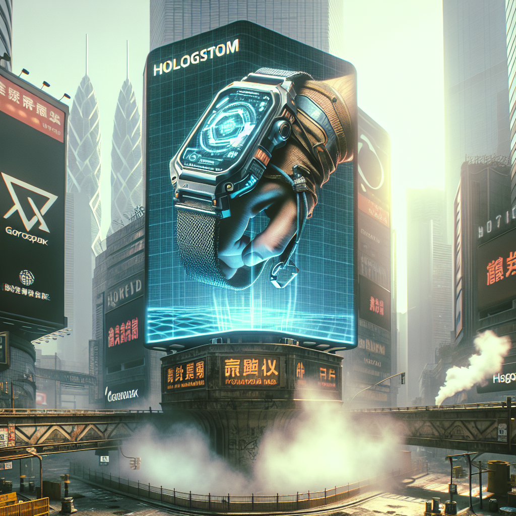 1. A holographic billboard projects a 3D image of a rugged smart bracelet with survival tools and a holographic map, amidst a bustling Corpo District square at mid-day, surrounded by logo-clad skyscrapers and steam rising from a manhole.