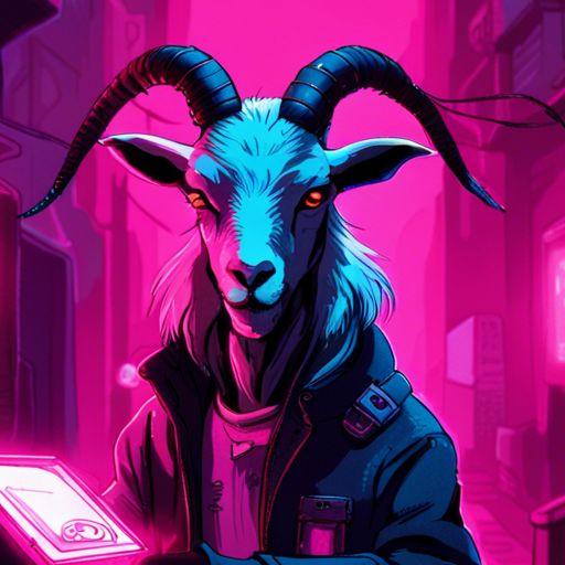 Thraeryn holds a minidisc, its fluorescent pink label glowing in the dimly lit alley. The goat, with an unsettling grin, explains its secrets.