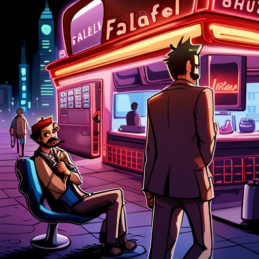 Wrewdison enjoys a warm falafel while observing the bustling city scene. People come and go from nearby nightclubs, some stumbling inebriated. A group of rowdy individuals pass by. Falafel guy, a mustached man, stands next to his food cart. A payphone is nearby.