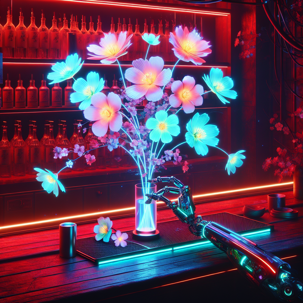 1. Neon-lit flowers bloom ethereally, their surreal colors reflecting off delicate petals, amidst the dim red ambiance of The Chatsubo bar, with Ratz's robotic arm glinting behind the wooden bar.
