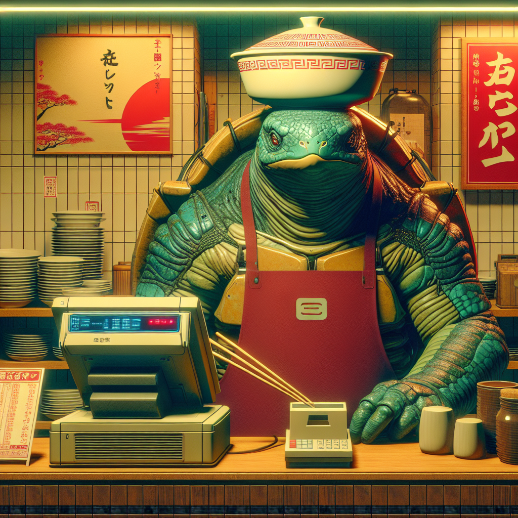 1. A large turtle-like creature with a bowl on its head stands behind a cash register, giving a reassuring nod. A tiny ramen restaurant surrounds him, with a red and white sunrise mural on the wall.