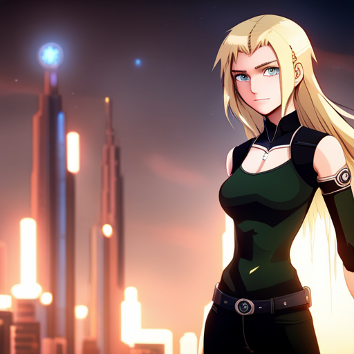 Wrewdison sees Starla, a sleek robot arm, and the bridge in the background. Starla has long blonde hair and a neutral expression, while the bridge is a towering metal structure with cables and lights. 
