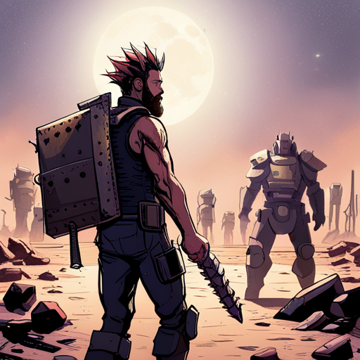 A bearded man with a spikey mohawk, Zeb, stands in the foreground, expressing disdain towards the armored corpo guard nearby. The guard, carrying a stun baton and riot shield, remains stoic. The wind blows through the wasteland, carrying distant howls, as the sun beats down, casting long shadows along the eroded trenches of Wasteland Road.
