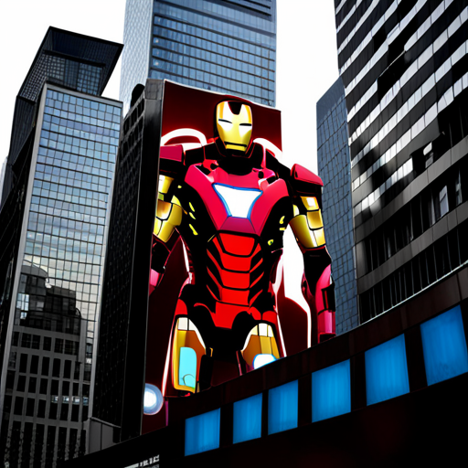 B1zz0 sees a holographic billboard displaying a personalized ad for the latest Iron Man suit, complete with price and purchase link. The surrounding area is filled with corporate skyscrapers and a hideous piece of art in the central square.
