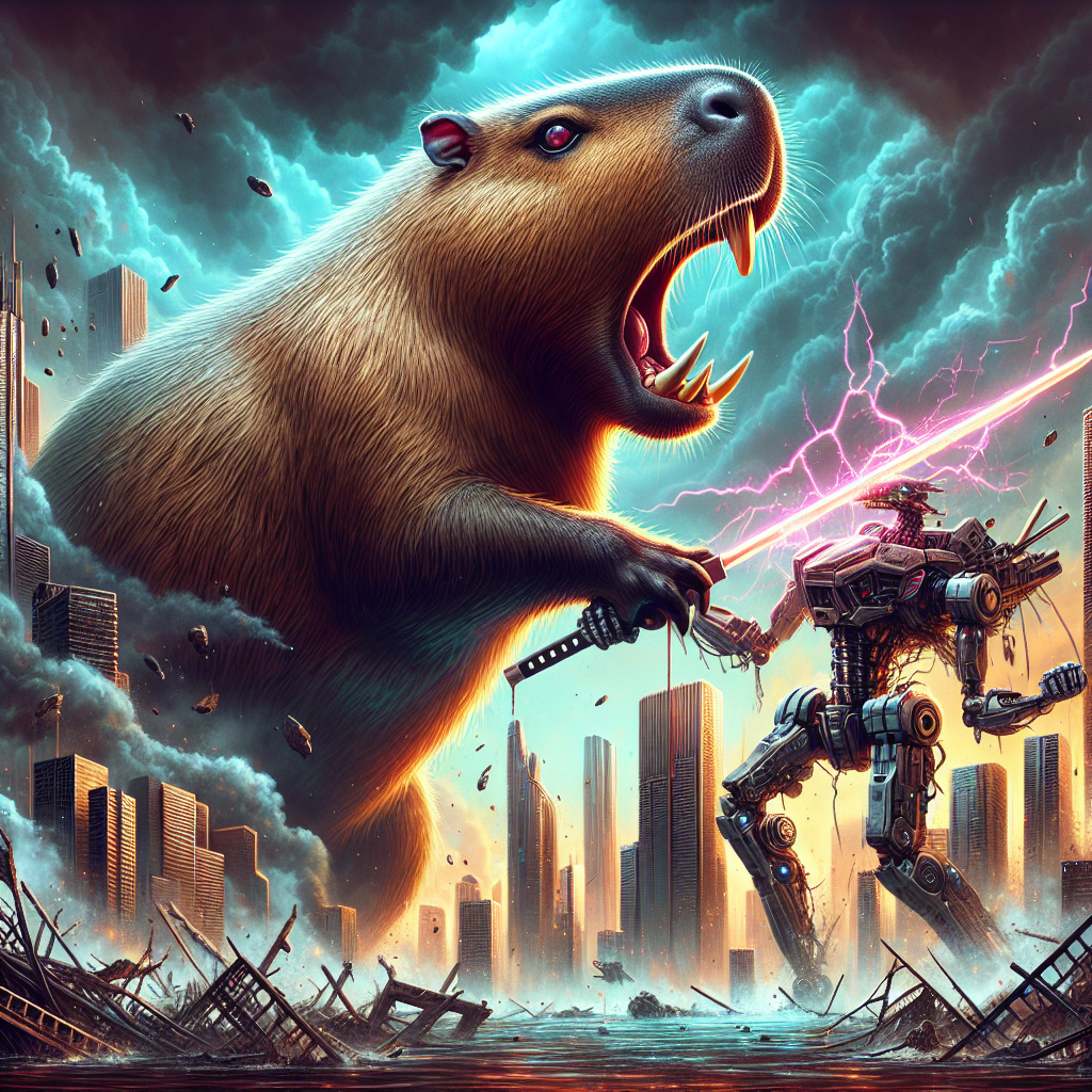 1. A towering mutated capybara-kaiju, eyes reflecting fury and sorrow, is impaled by a mecha's energy sword against a creaking skyscraper amidst a smoky, ash-filled skyline.