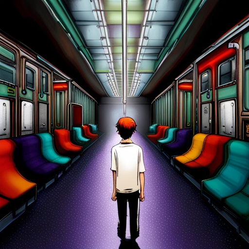 Wrewdison surveys the abandoned subway car, noticing its neglected state. However, he spots a clear tunnel leading east, offering a potential path forward. The colorful tile walls and old-fashioned design of the station add to the eerie atmosphere. Nearby, an atari 2600 and a stack of pizza boxes hint at the station's past life.

