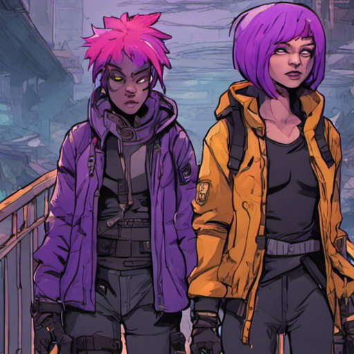 Gepetto and Starla stand on the bridge, surrounded by chaos caused by a malfunctioning drone. Starla, with her purple hair and neoprene jacket, approaches Gepetto with concern. They both scan the area, searching for a way to stop the rogue device. The bridge, with its shops and shelters, stretches over a dark chasm. It is daytime, with overcast skies.