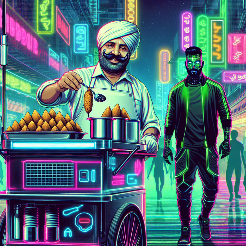 A mustachioed man serves falafel from a cart under city lights. A tall, bearded figure in dark pants, a green t-shirt, and a baseball cap stands nearby. Nightclubs pulse in the background.