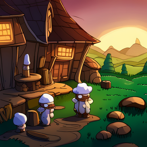 Truffle and Zeb stand in front of a tiny mushroom village. Truffle's red and white cap contrasts with the brown stalks of the mushroom houses. The village is bustling with tiny creatures going about their day. 
