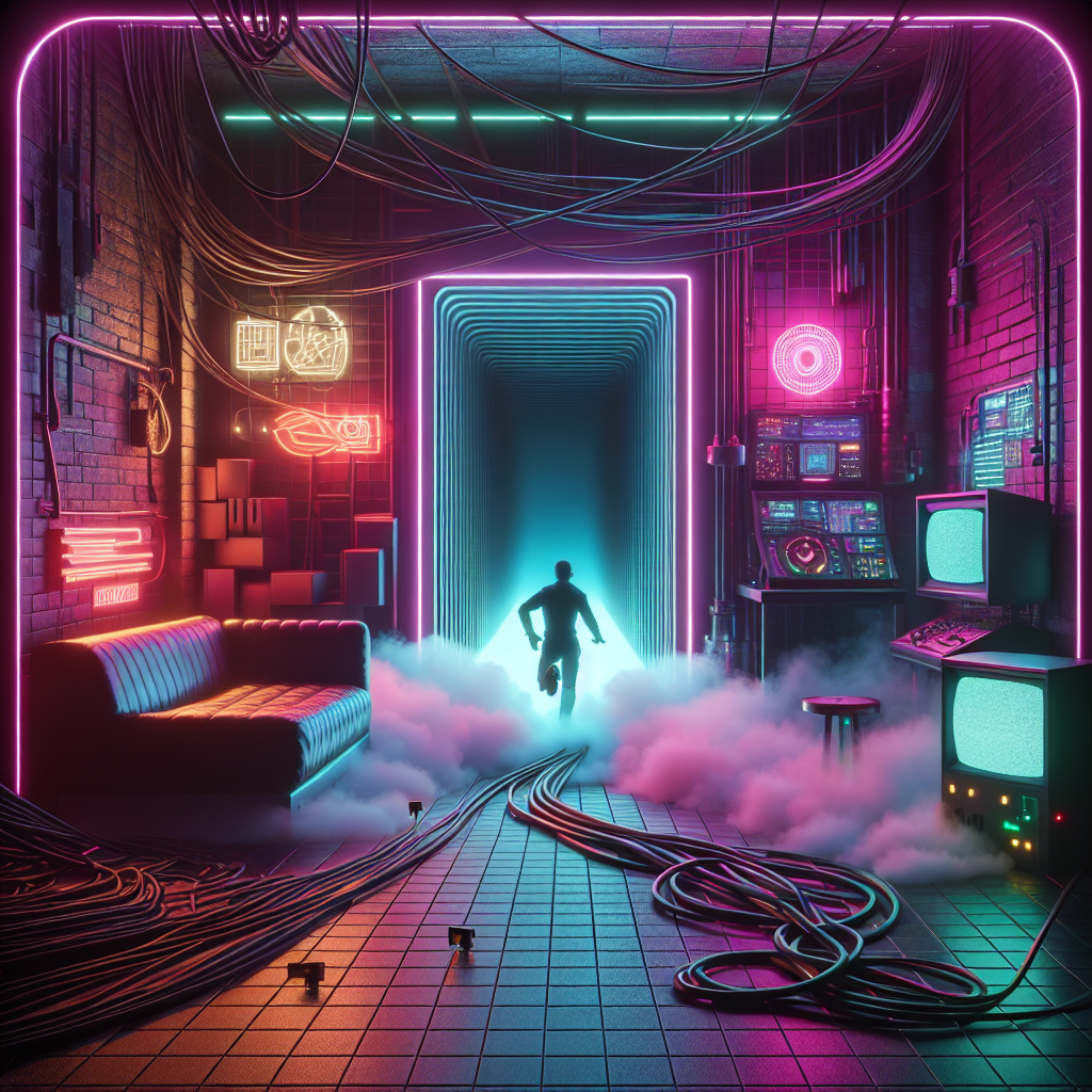 A narrow corridor emerges, illuminated by LED strips, as a panel slides open in the smoke-filled, neon-lit hacker nightclub. Techno music vibrates through the air, mingling with the sounds of video games. A figure presses into the secret passage, surrounded by couches, cables, and the glow of a Wipeout console.