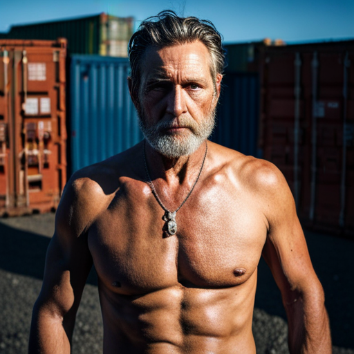 In the photo, the Mechanic stands shirtless in front of a cluster of rotting shipping containers. He has six piercings in his face and wears leather pants. Wrewdison, a tall and fit man with a beard and slightly messy hair, nods as he leaves the outpost and heads south towards the deep desert. The Mechanic furrows his brow as he warns wrewdison to talk to the owner, Zeb, before taking anything.