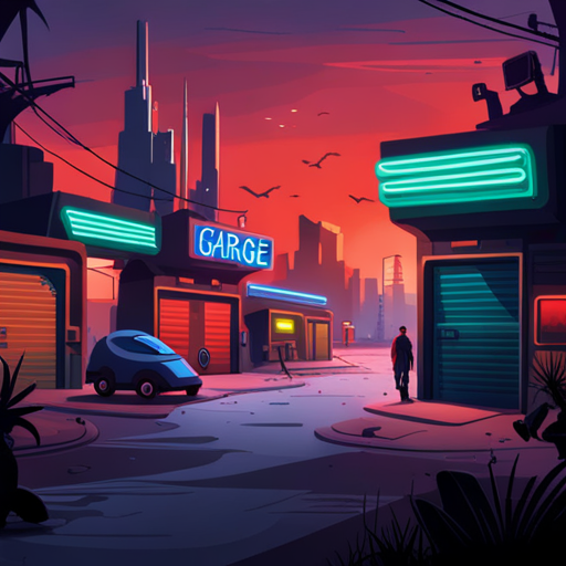 Thangkred spots a garage with neon sign and parked vehicles including motorcycles and dune buggy, hoping to find a ride to the swampy area for a malboro. FRED-209, Cage, and a robot vacuum are nearby.
