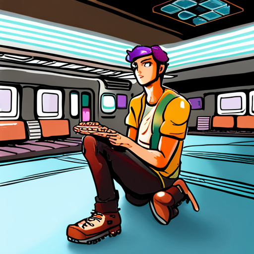 Zeb surveys the abandoned subway station, taking in the colorful tiles and the old subway car on the tracks. He notices an old terminal and a stack of pizza boxes nearby.
