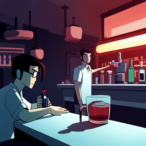 Wrewdison sees Ratz, a gruff bartender with a robotic arm, placing a bottle of wormwood on the counter. The dim red lights of The Chatsubo illuminate the scene, with a drunk man sleeping in the background. Wrewdison examines the bottle, intrigued by its authenticity.