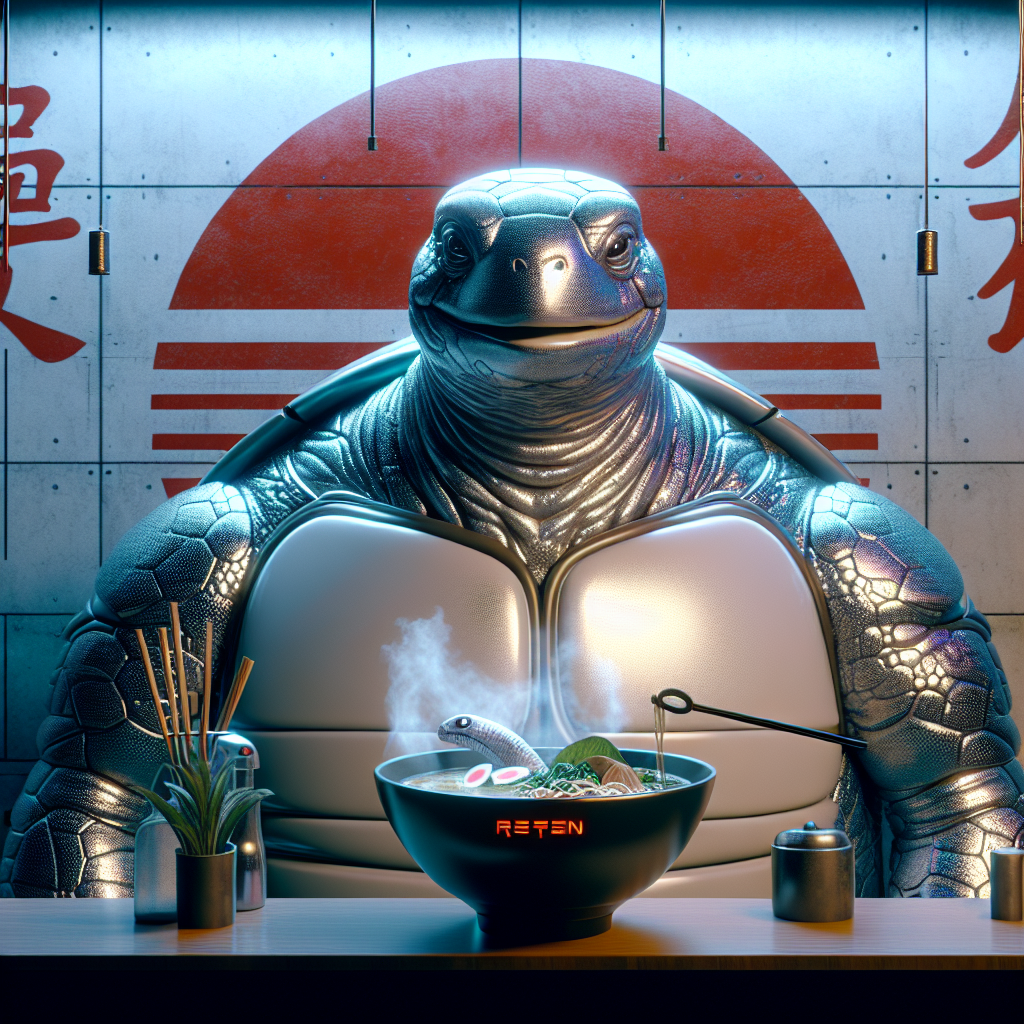 1. A large turtle-like creature with a bowl of broth on its head stands behind a ramen bar, smiling and shaking its head. The creature's skin glistens slightly. A red and white sunrise mural adorns the wall.