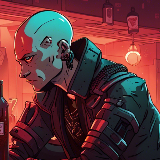 Wrewdison stands at the bar, looking up at Ratz. Ratz, with his shaven head and squinty brown eyes, leans on the bar with his robotic arm. The dim red lights illuminate the small, quiet bar, with a long wooden bar dominating the space. A drunk man lies unconscious in a pool of drool nearby. In the background, an Ono Sendai Cyberspace 7 can be seen. It is evening, and the air is filled with a sense of anticipation.