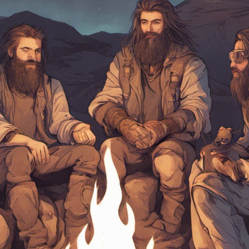 Potato sees a group of people gathered around a small fire in the deep desert. They are sitting on rocks, their faces illuminated by the flickering flames. One person has long, flowing hair and a kind smile. Another has a bushy beard and a mischievous twinkle in their eye. A third person is holding a small creature, its fur blending in with the sand. The wind whips through their clothes, causing them to huddle closer together. The rocky formation in the background provides a stark contrast to the vast expanse of sand. The sun is setting, casting a warm golden glow over the scene.