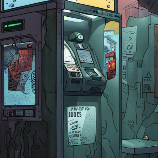 The old payphone stands in the corner, its glass door covered in a cult of the dead cow sticker. A quarter sits in the coin return. A mysterious dataport catches the eye. Downtown, dark with low clouds reflecting city lights. Damp air. Thumping baselines echo from nightclubs. People wander in and out.