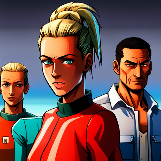 The woman stands with crossed arms, her blonde hair pulled back in a ponytail. She wears a red jumpsuit and has a stern expression on her face. Three looks at her expectantly, his green hair standing out against his casual beach attire. The holographic control panel sits in the background, waiting for someone to take charge.

