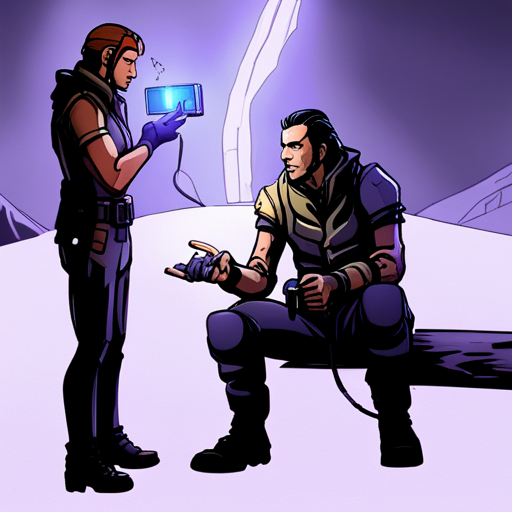 Test inspects the blinking light tool from the crate. The lights indicate the strength of energy signals it detects. Thraeryn activates his translator and listens to a holographic briefing from a scientist about a research project. The scene takes place in a network of caves under a wasteland desert, with a glowing cave axolotyl nearby.