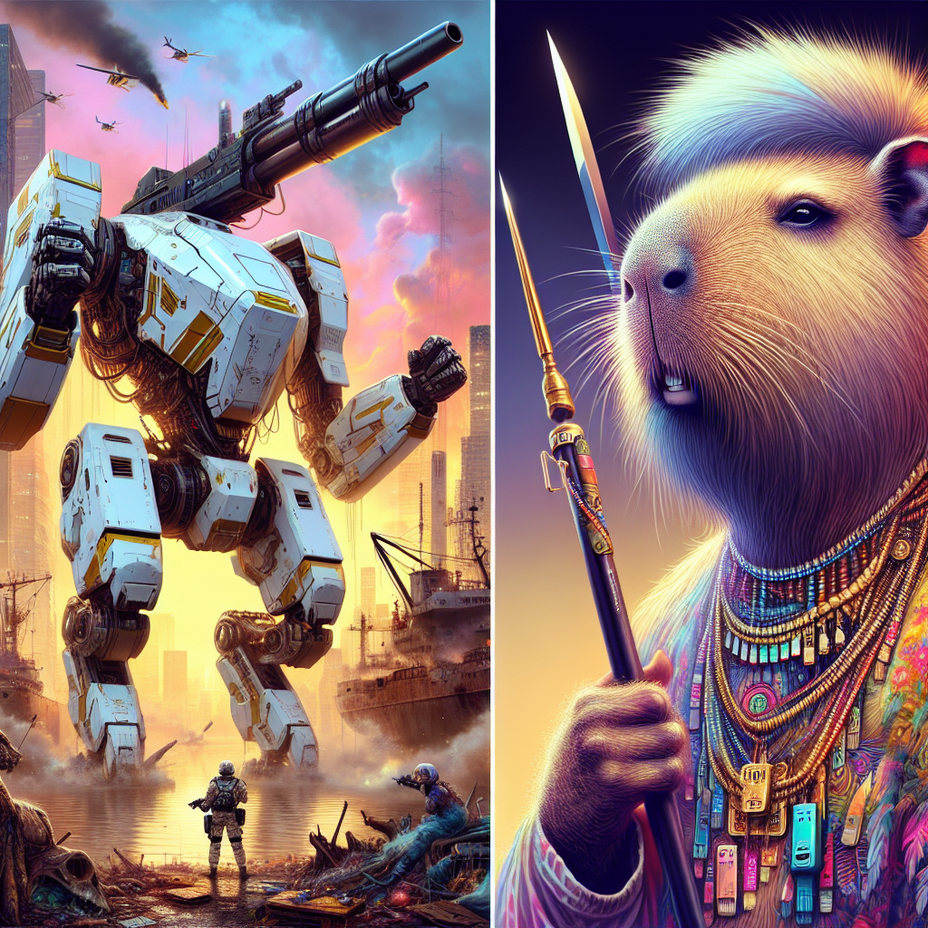 A towering white-and-gold mecha, weaponized with rifle and sword, stands inert. A colossal, mutated capybara-like kaiju looms, its eyes reflecting sorrow and rage. Smoke billows from the docks, ash floating amidst the chaos of the city's eastern side. Amidst the debris, a grizzled man with a fuzzy mohawk and a USB necklace surveys the scene, his expression a mix of determination and empathy.