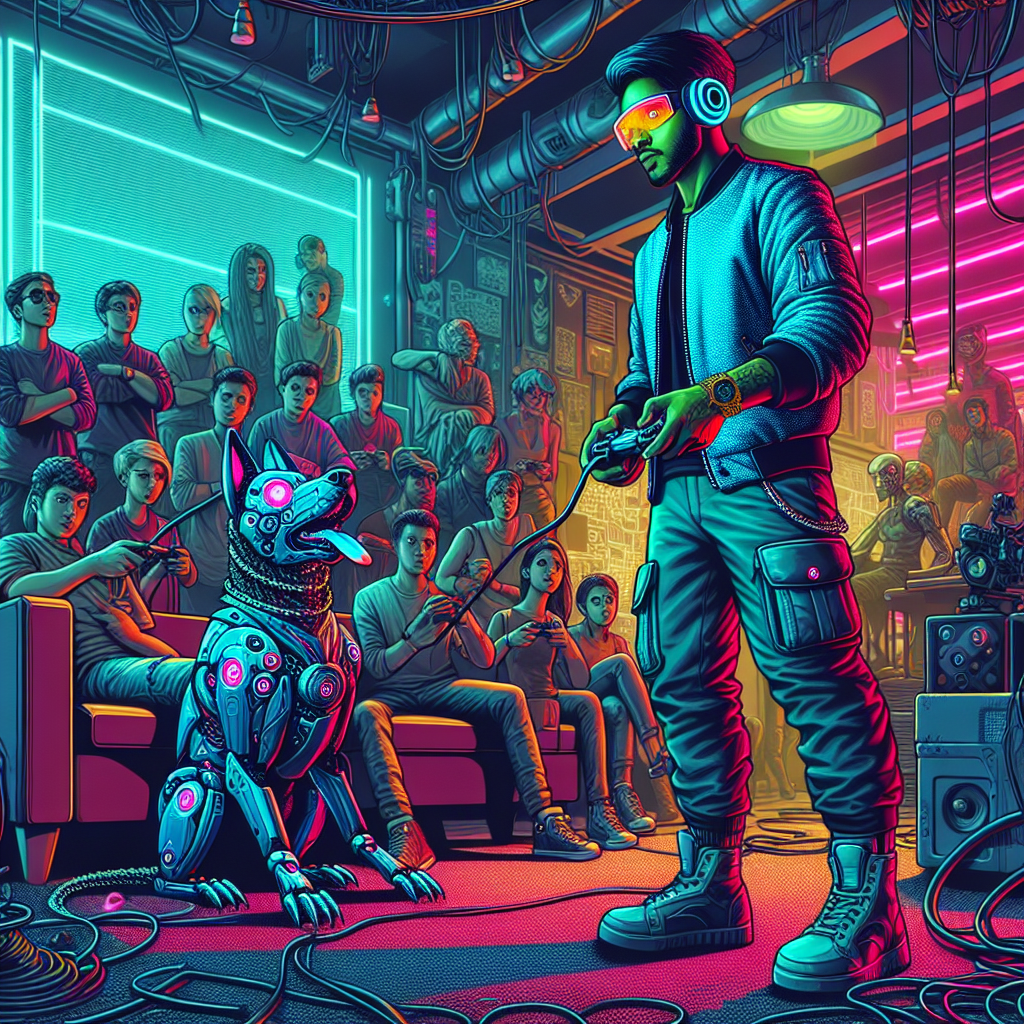 1. In a neon-lit hacker club, a multi-headed cybernetic dog observes a confident player with cargo pants and a vested jacket, skillfully maneuvering a videogame controller among a crowd of onlookers, with couches, cables, and a skateboard ramp visible.