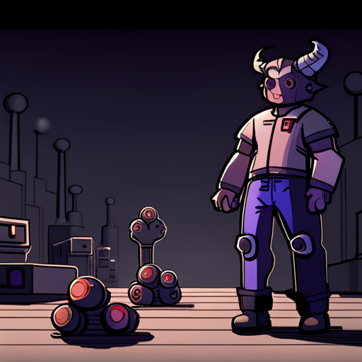 Zeb holds the Senzo scanning system, scanning the factory for Baphomet. The factory is dimly lit, with machinery and crates scattered around. In the distance, a figure with horns can be seen lurking in the shadows.
