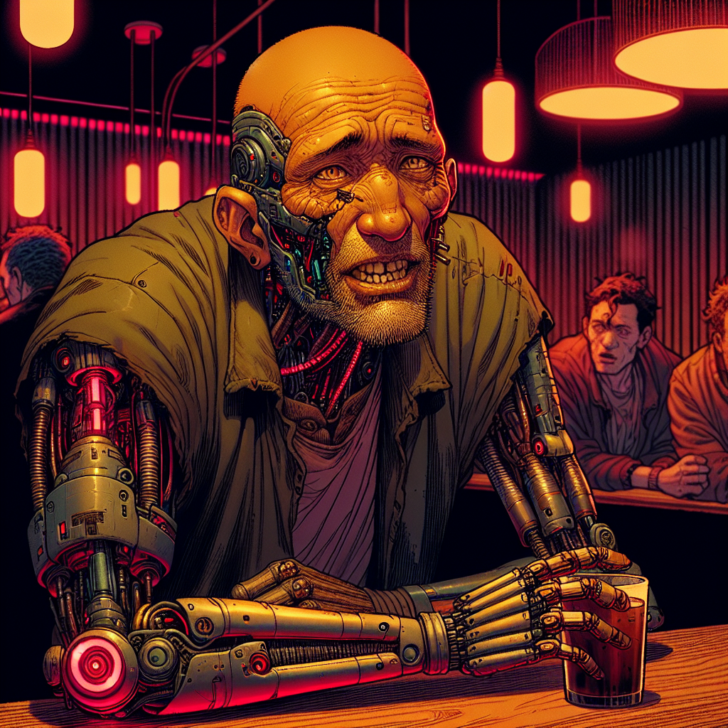 1. A bald, wrinkled man with squinty brown eyes and a mechanical arm stands behind a dimly lit bar, his decayed teeth visible as he speaks. The bar's red lights cast a subdued glow on the wooden surfaces and the few scattered patrons.