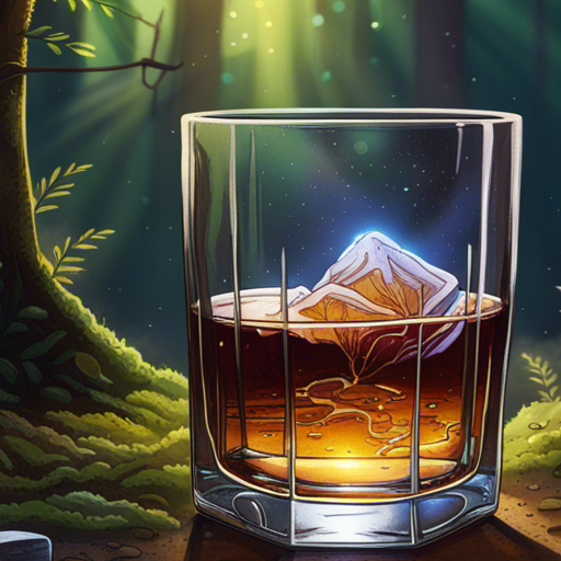 Zeb's glass of bourbon sits on the ground, catching the sunlight and shimmering in the enchanted forest clearing.