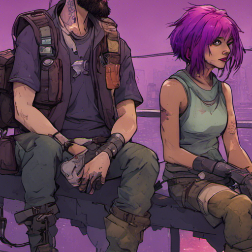 Starla, a cyberpunk woman with shoulder-length purple hair, looks up from her first aid kit, her hands stained with blood. She gives Zeb, a bearded man with a short mohawk, a tired smile and nods. They stand on The Bridge, a wide, dark chasm between the city and the mainland. Squatters have set up camp, and shops and carts span the upper deck. Starla wears a neoprene jacket with neon colored piping, and she sells wetware out of the back of her custom bike. The time of day is late afternoon, and the weather is overcast.