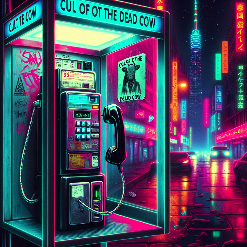 1. A weathered rotary payphone, its glass door adorned with a "Cult of the Dead Cow" sticker, stands under city lights. A mysterious dataport contrasts with the phone's antiquity. The quarter is missing from the coin return, hinting at recent use.