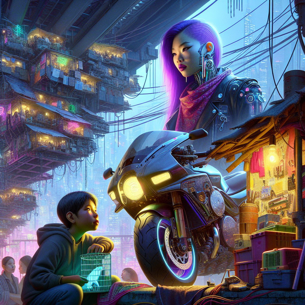 1. A cyberpunk woman with purple hair stands beside a custom bike, neon piping on her jacket glowing dimly. A teenager with a caged rat watches nearby. The bridge's upper deck bustles with makeshift shops, while shelters cling to cables in the background.