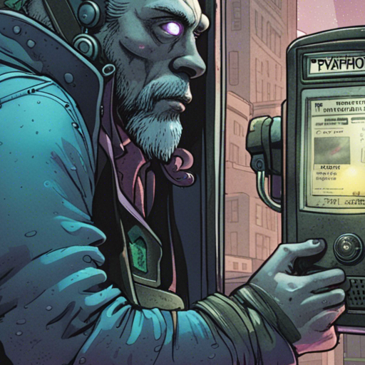 Zeb's eyes focus on the payphone, noticing a quarter in the coin return and a cult of the dead cow sticker on the glass door. The mysterious dataport on the old phone intrigues him, hinting at hidden secrets. In the background, the city lights reflect off low clouds, creating a dark and damp atmosphere.