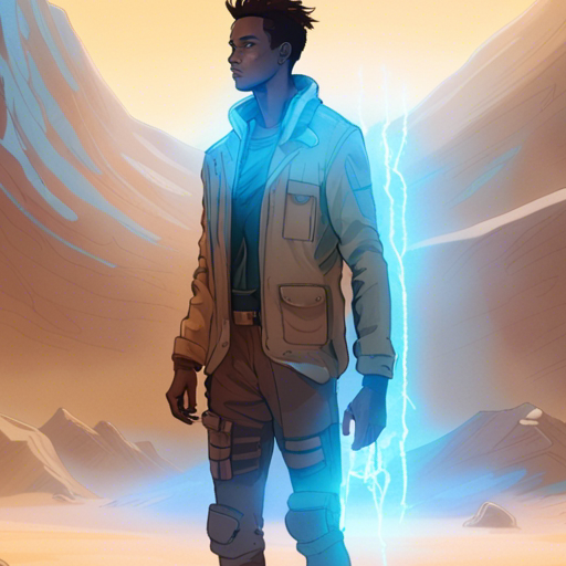 A creamy caramel covered human stands in the deep desert, looking at a holographic projection of Ethan. Ethan glows with a soft blue light, his features sharp and clear. He exudes intelligence and readiness, eager to assist. The wind howls, sand and dust fill the air, and a rocky formation provides the only shade.