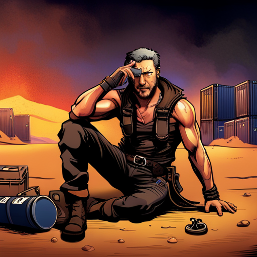 The Mechanic, a shirtless man in leather pants and tall boots, wipes sweat from his forehead. Six piercings adorn his face as he looks up from his work, speaking to Zeb. The outpost's containers and work table can be seen in the background.
