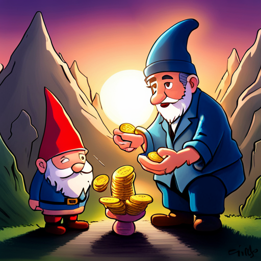 Enron presents mushrooms to Gnome, who inspects them eagerly. Gnome begrudgingly hands over gold coins, impressed with Enron's success. Enron feels proud and excited for the next adventure.
