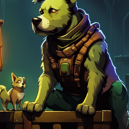 Zeb sits on a rusty metal crate, his face illuminated by the soft glow of a flickering lantern. The dog, a medium-sized mutt with a wagging tail, leans against Zeb's legs, its tongue lolling out happily. The underground rift looms in the background, its dark, damp walls covered in moss. The air is heavy with the scent of earth and the distant sound of dripping water echoes through the cavern. The scene is a moment of companionship and warmth in an otherwise desolate and eerie setting.