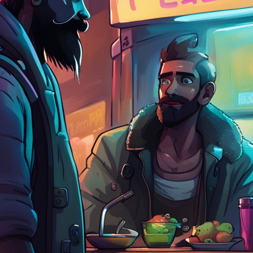 Zeb stands on a dimly lit street in Downtown. The glow of city lights reflects off low clouds overhead. He hears the ringing of a payphone, its sound cutting through the thumping music. A guy with a mustache stands next to a small food cart, selling the best falafel. Zeb, a bearded man with a short mohawk, looks cool in his sleeveless black shirt and loose pants. A USB drive dangles from a chain around his neck.