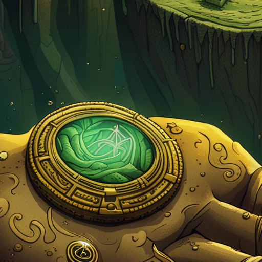 Zeb's hand reaches into Jorm's robe, revealing a small golden amulet glinting in the dim light of the cave. The amulet is intricately designed, with ancient symbols etched into its surface. The cave walls are rough and jagged, covered in moss and dripping with moisture. The air is heavy with the smell of damp earth. The only source of light comes from a small crack in the ceiling, casting a faint glow on the scene. The amulet seems to radiate a faint energy, as if holding some kind of power within its delicate frame.